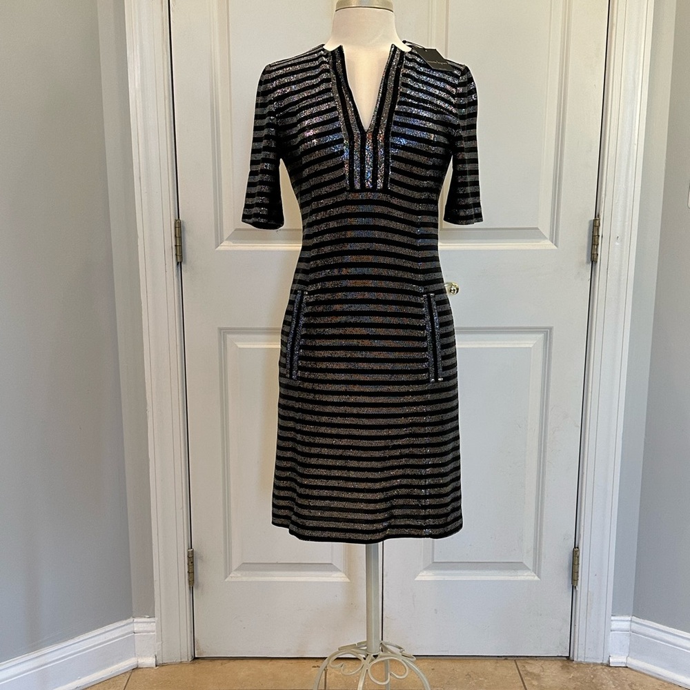 NWT Nanette Lepore Black and Silver  Metallic Striped Dress (size 4)